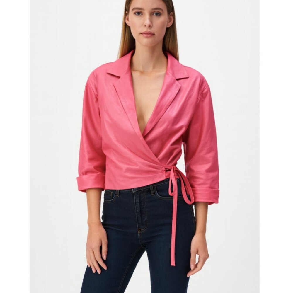 Badgley Mischka Top Womens 6 Wrap Tie Belted Cropped Leather Top